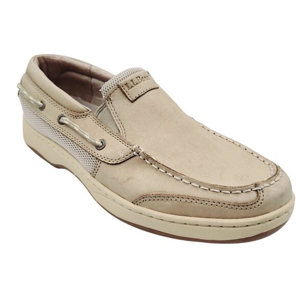 L.L. Bean Creme Leather Slip On Deck Leather Moccasin Shoe Men's size 9.5 - Picture 1 of 10